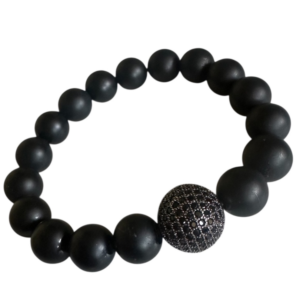 Matte Onyx Bracelet | 10mm Beaded Stretch | Gunmetal Pavé Ball | Bold Luxe